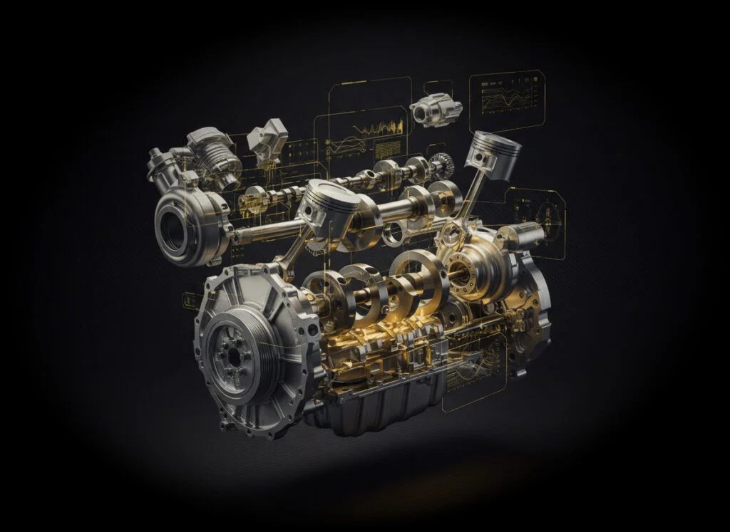 Cutaway illustration of a car engine showing internal components