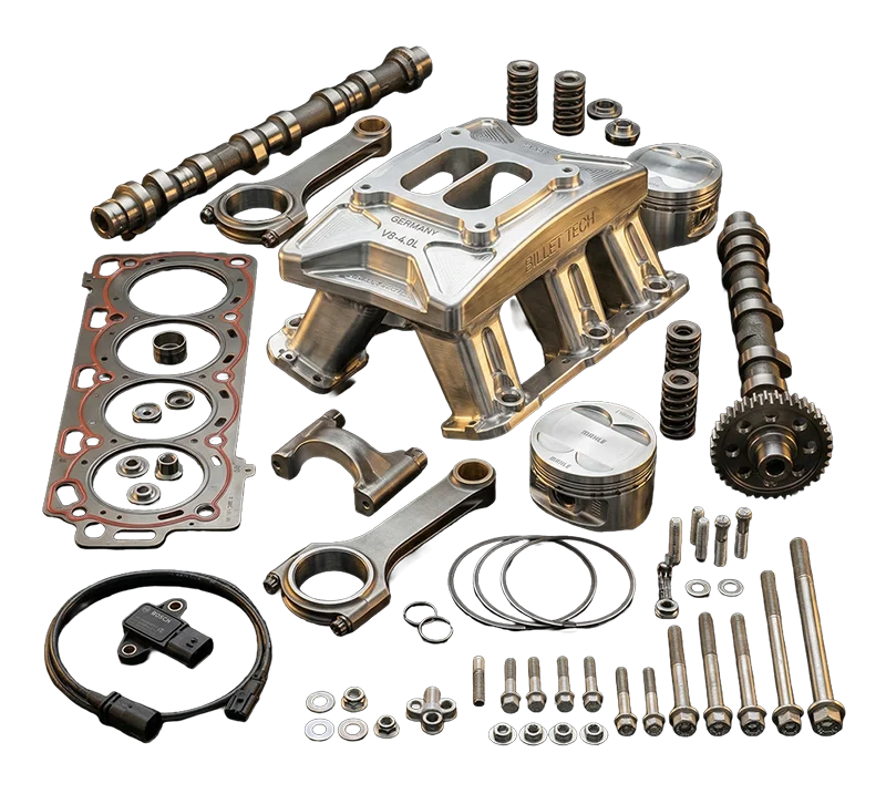 Quality replacement engine parts laid out for a European vehicle repair