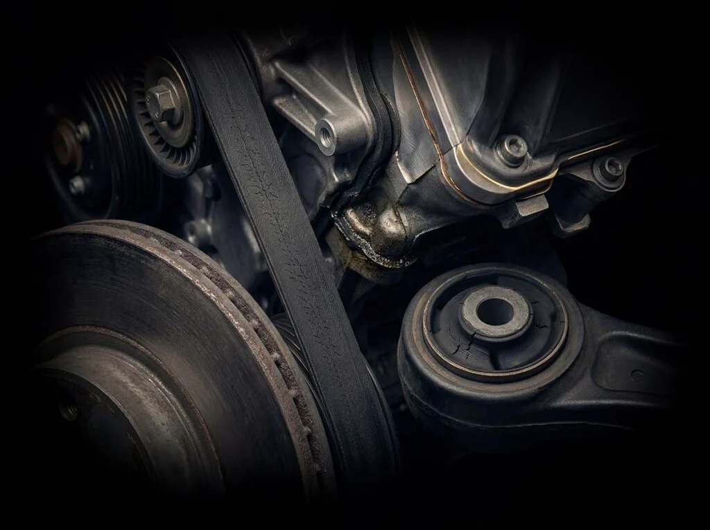 Close-up of an engine serpentine belt, pulleys and brake rotor